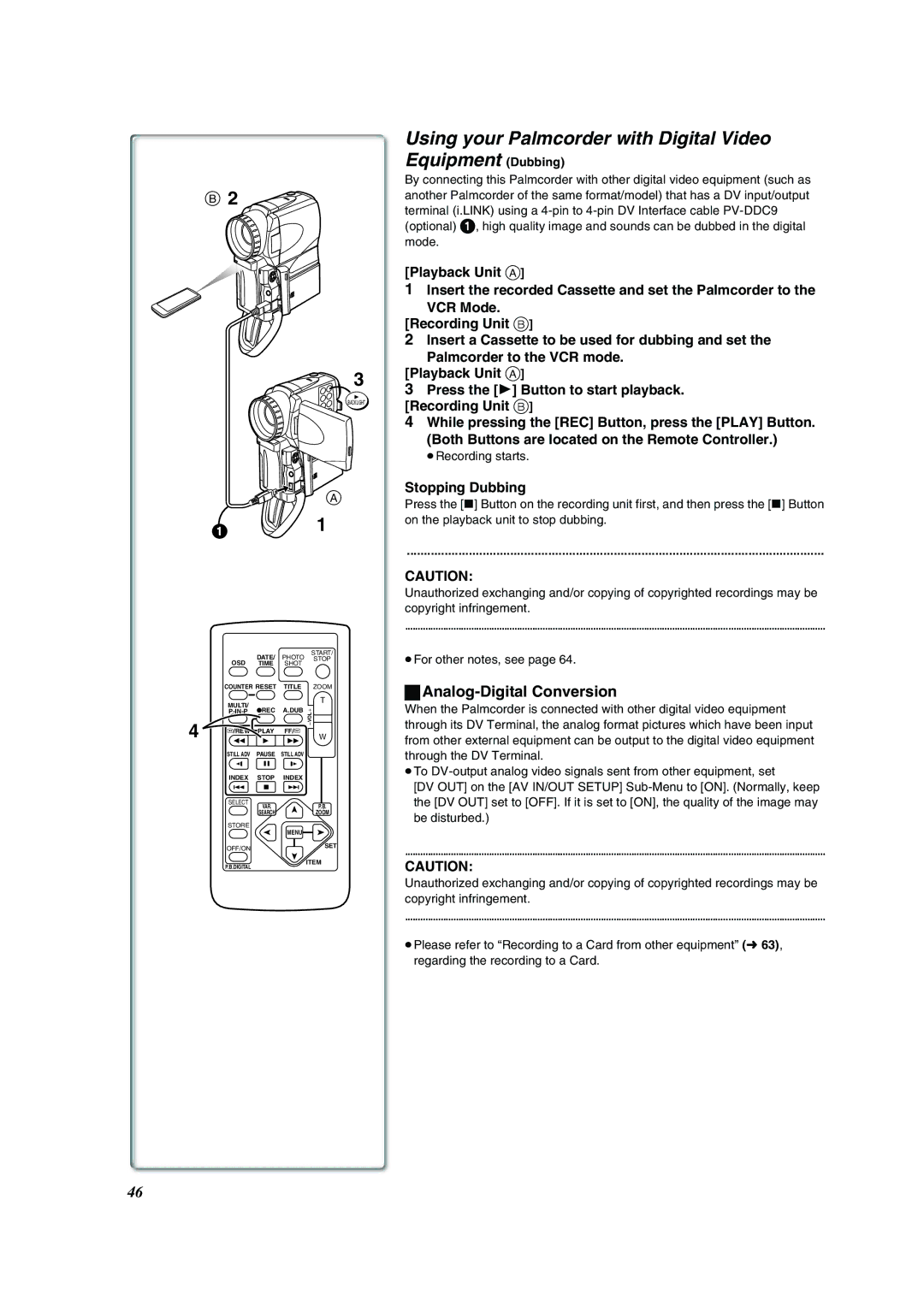 Panasonic PV-VM202 Using your Palmcorder with Digital Video Equipment Dubbing, Analog-Digital Conversion, Stopping Dubbing 