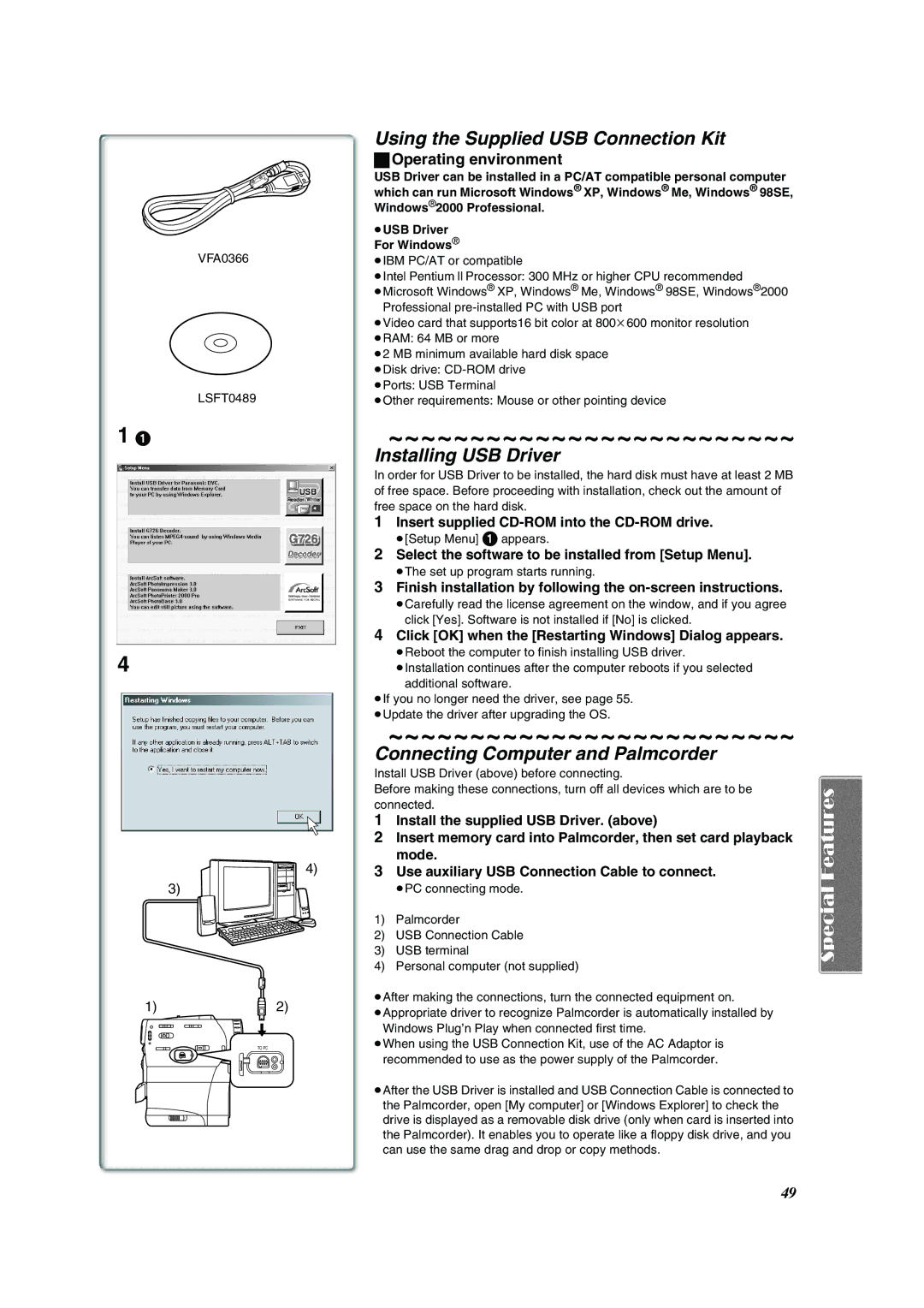 Panasonic PV-VM202 Using the Supplied USB Connection Kit, Installing USB Driver, Connecting Computer and Palmcorder 