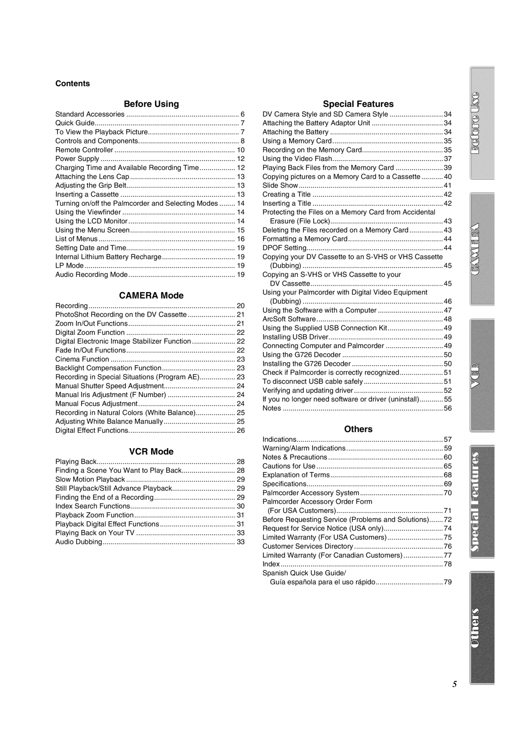 Panasonic PV-VM202 operating instructions Before Using, Camera Mode, VCR Mode, Special Features, Others 