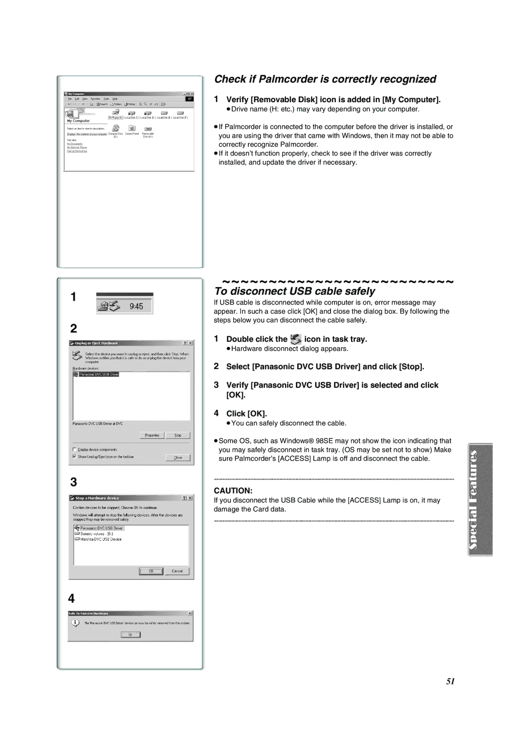 Panasonic PV-VM202 operating instructions Check if Palmcorder is correctly recognized, To disconnect USB cable safely 