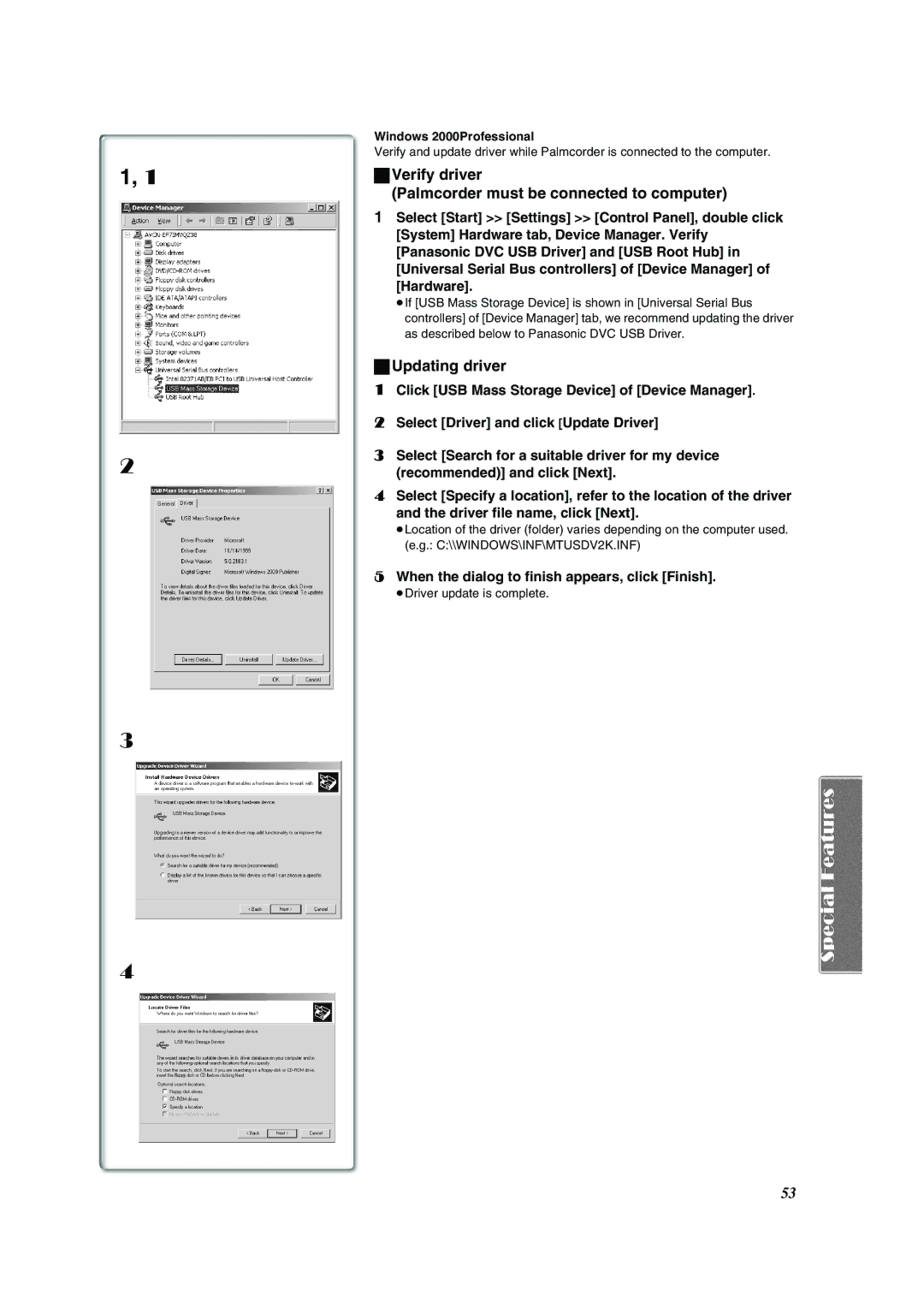 Panasonic PV-VM202 operating instructions Verify driver Palmcorder must be connected to computer, Windows 2000Professional 