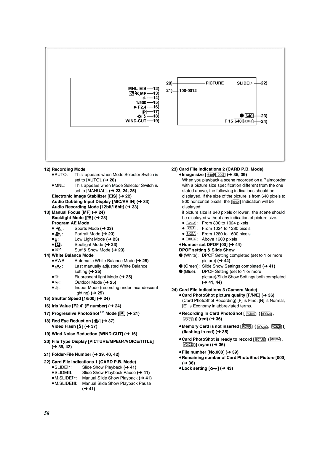 Panasonic PV-VM202 Mnl Eis ª Mf, Recording Mode, White Balance Mode, ≥Number set Dpof 00 l Dpof setting & Slide Show 