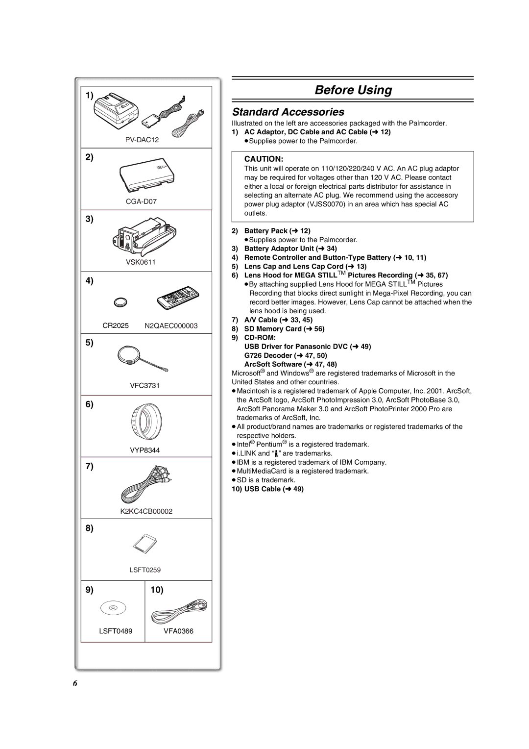 Panasonic PV-VM202 Standard Accessories, AC Adaptor, DC Cable and AC Cable l12, Battery Pack l12, USB Cable l49 