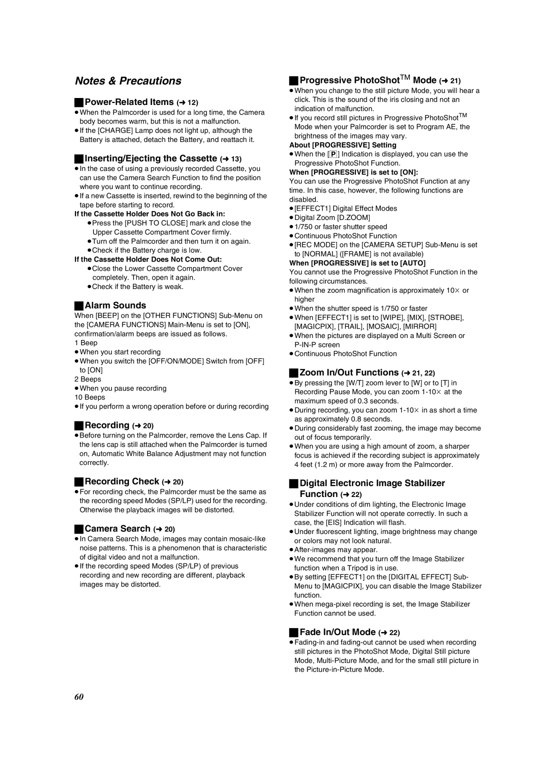 Panasonic PV-VM202 Power-Related Items l12, Inserting/Ejecting the Cassette l13, Alarm Sounds, Recording l20 