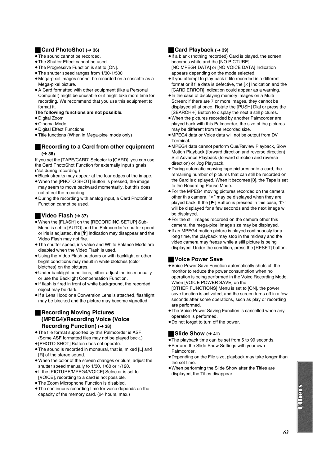 Panasonic PV-VM202 Card PhotoShot l36, Recording to a Card from other equipment, Video Flash l37, Card Playback l39 