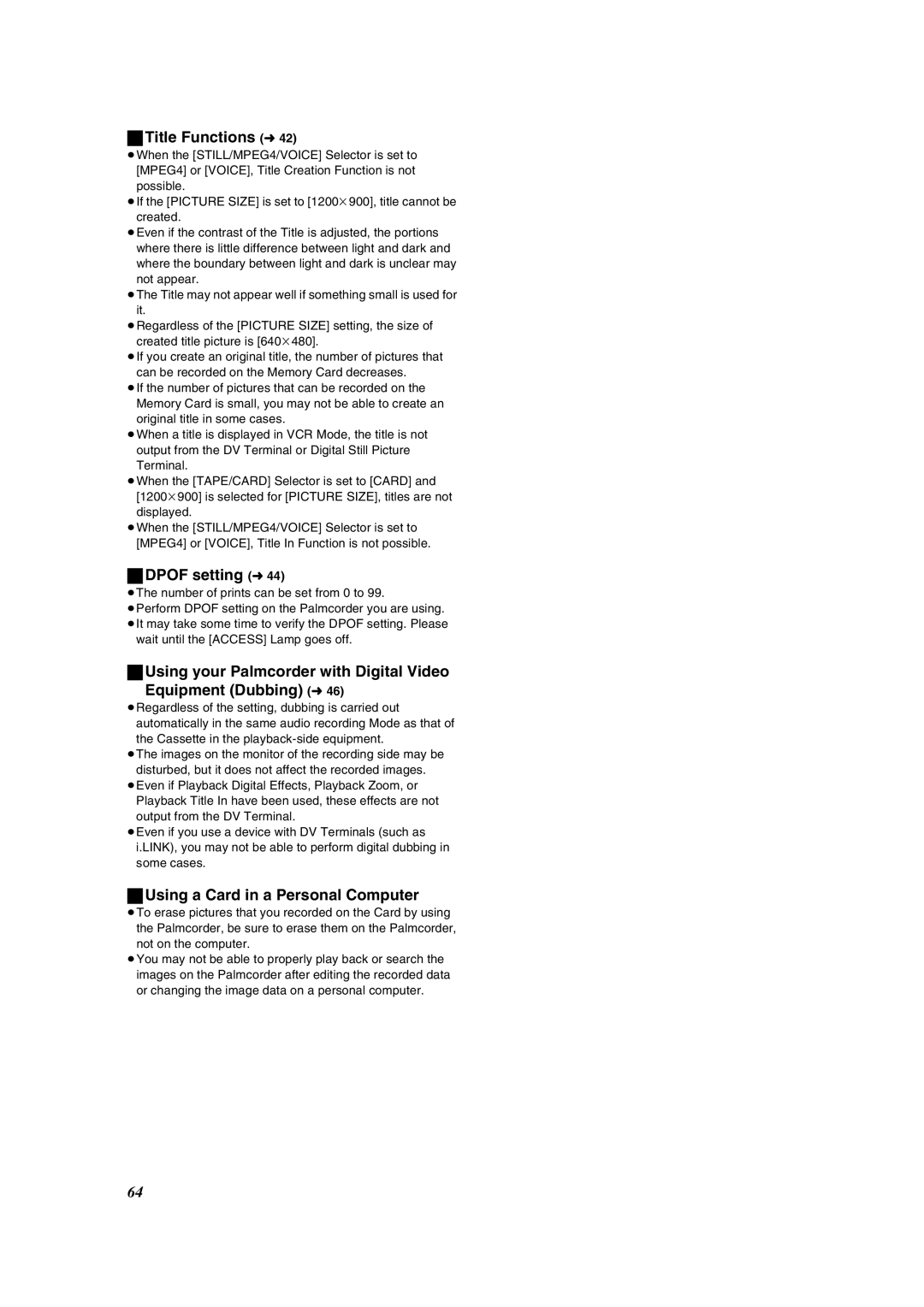 Panasonic PV-VM202 operating instructions Title Functions l42, Dpof setting l44, Using a Card in a Personal Computer 