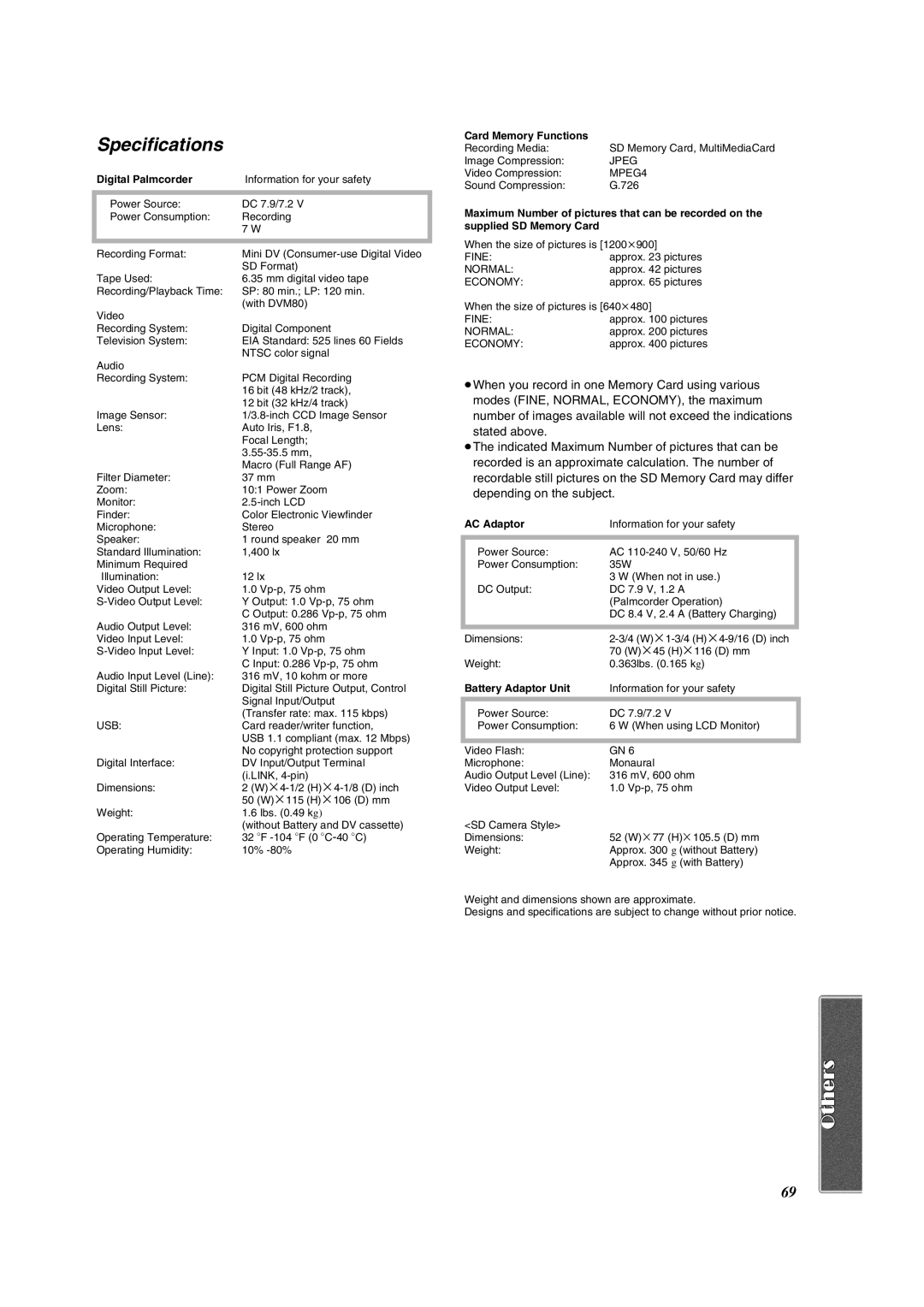 Panasonic PV-VM202 operating instructions Specifications, Digital Palmcorder 