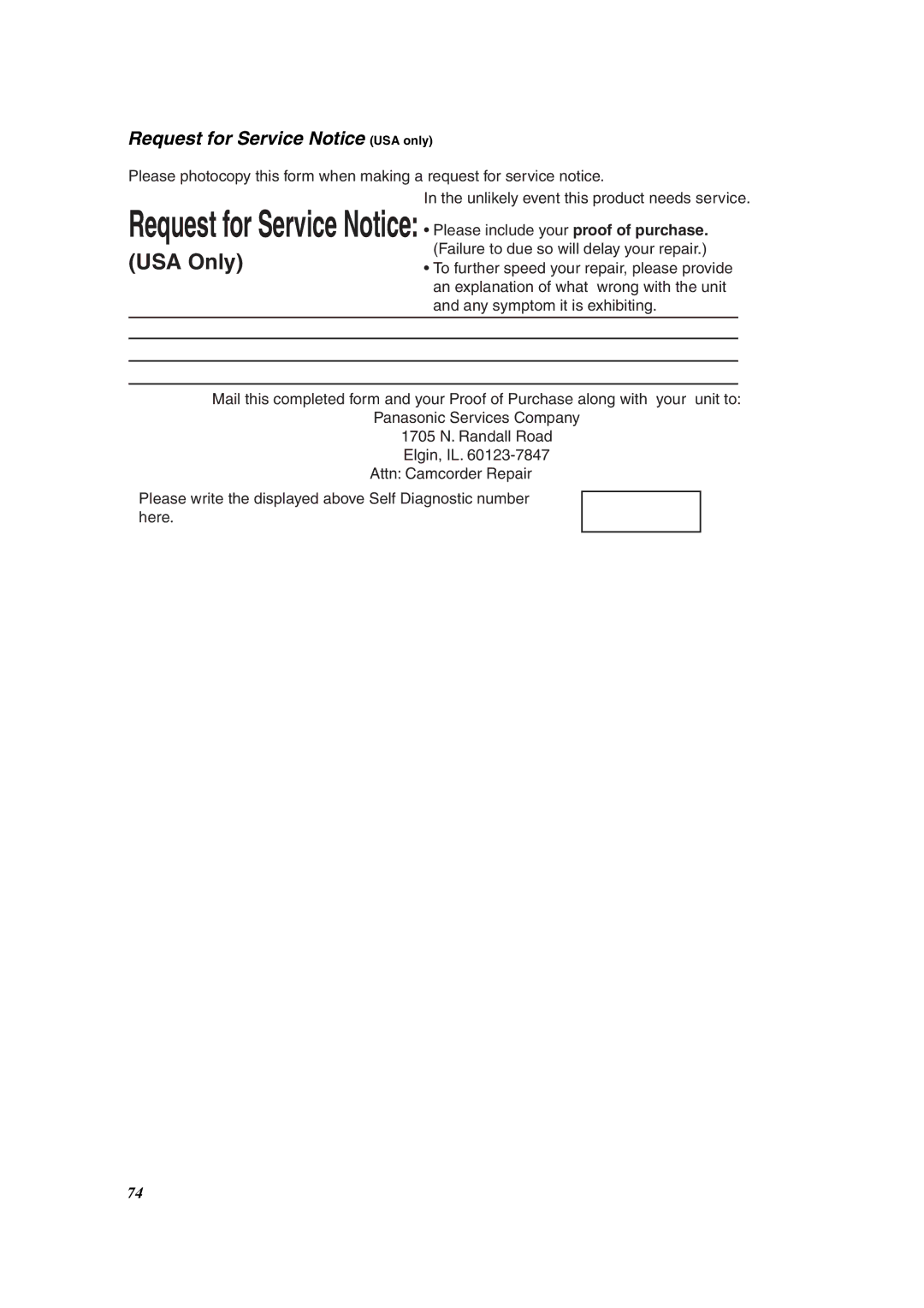 Panasonic PV-VM202 operating instructions Request for Service Notice USA only 