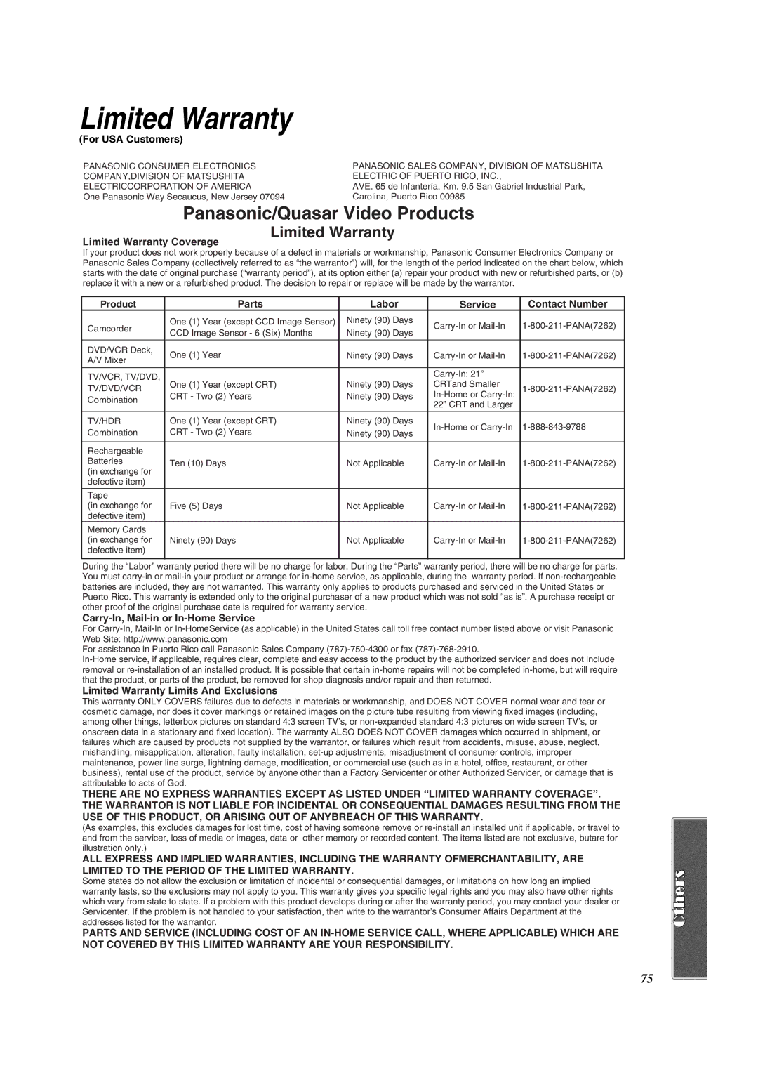 Panasonic PV-VM202 operating instructions For USA Customers, Limited Warranty Coverage, Parts Labor Service Contact Number 