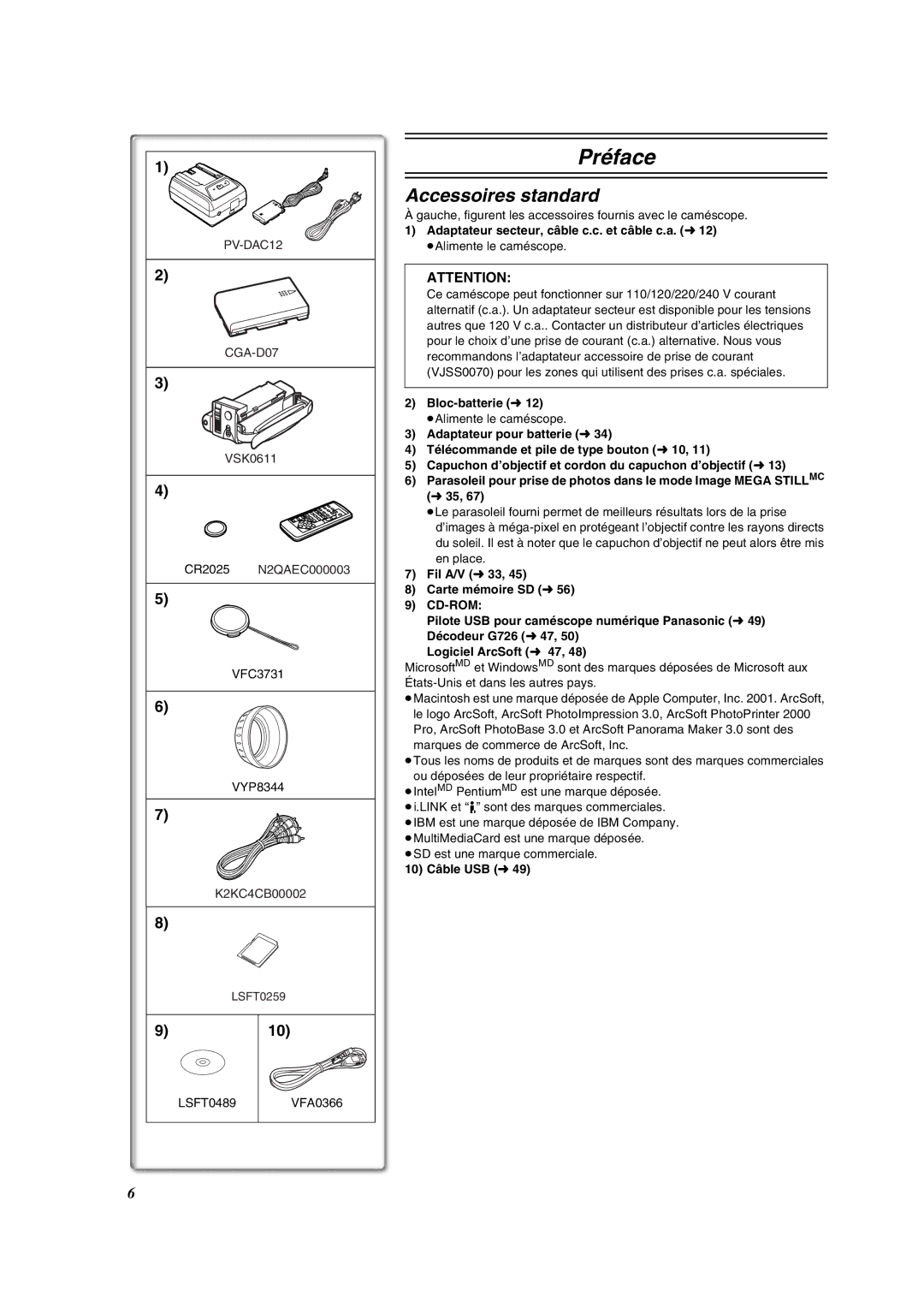 Panasonic PV-VM202 Accessoires standard, Gauche, figurent les accessoires fournis avec le caméscope, Bloc-batterie l12 