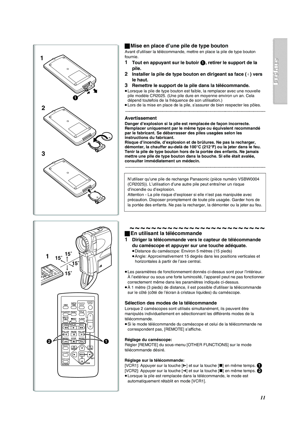 Panasonic PV-VM202 operating instructions Mise en place d’une pile de type bouton, En utilisant la télécommande 