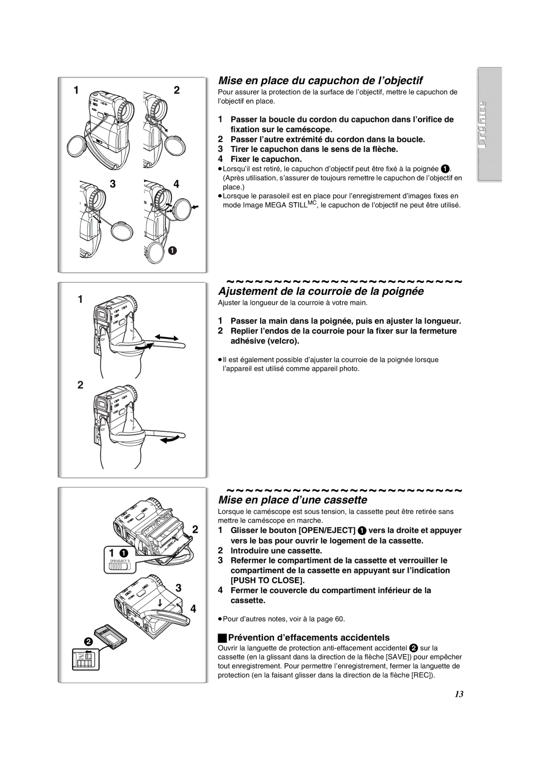 Panasonic PV-VM202 operating instructions Mise en place du capuchon de l’objectif, Ajustement de la courroie de la poignée 