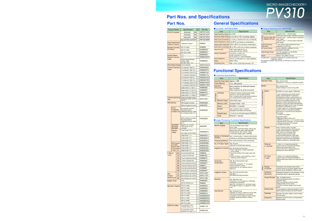 Panasonic PV310 manual Part Nos. and Specifications, Part Nos General Specifications, Functional Specifications 
