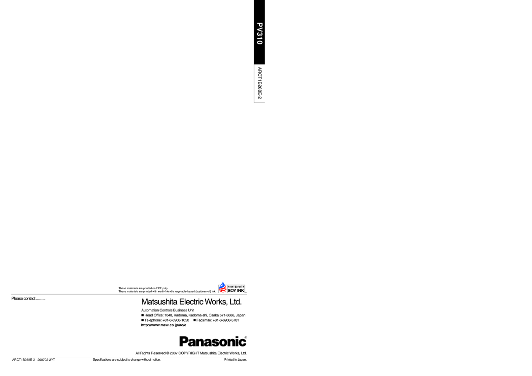 Panasonic PV310 manual ARCT1B268E-2 200702-2YT 