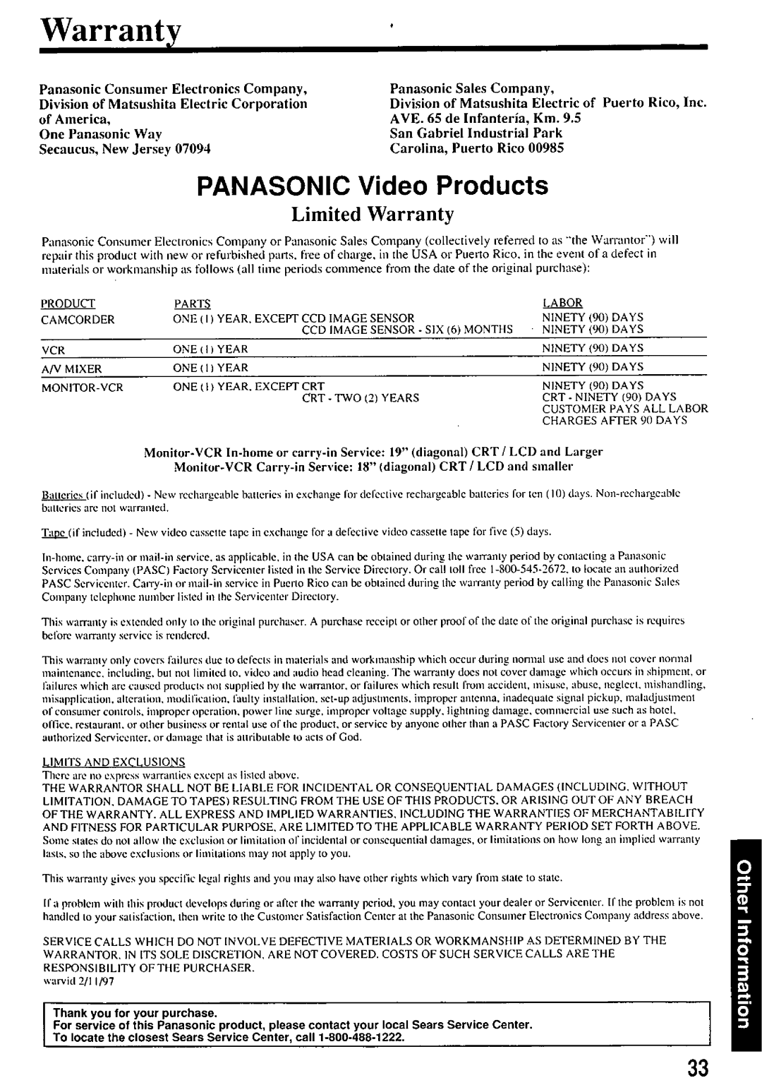 Panasonic PV7455S manual 