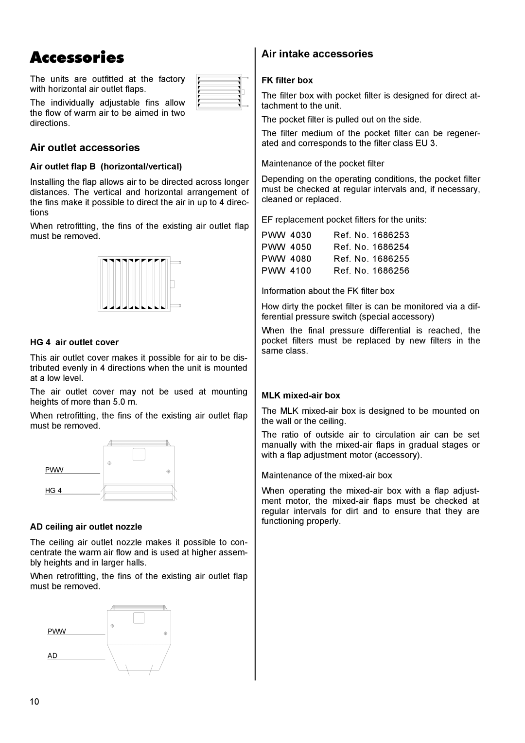 Panasonic PWW 4000 manual Accessories, Air outlet accessories, Air intake accessories 