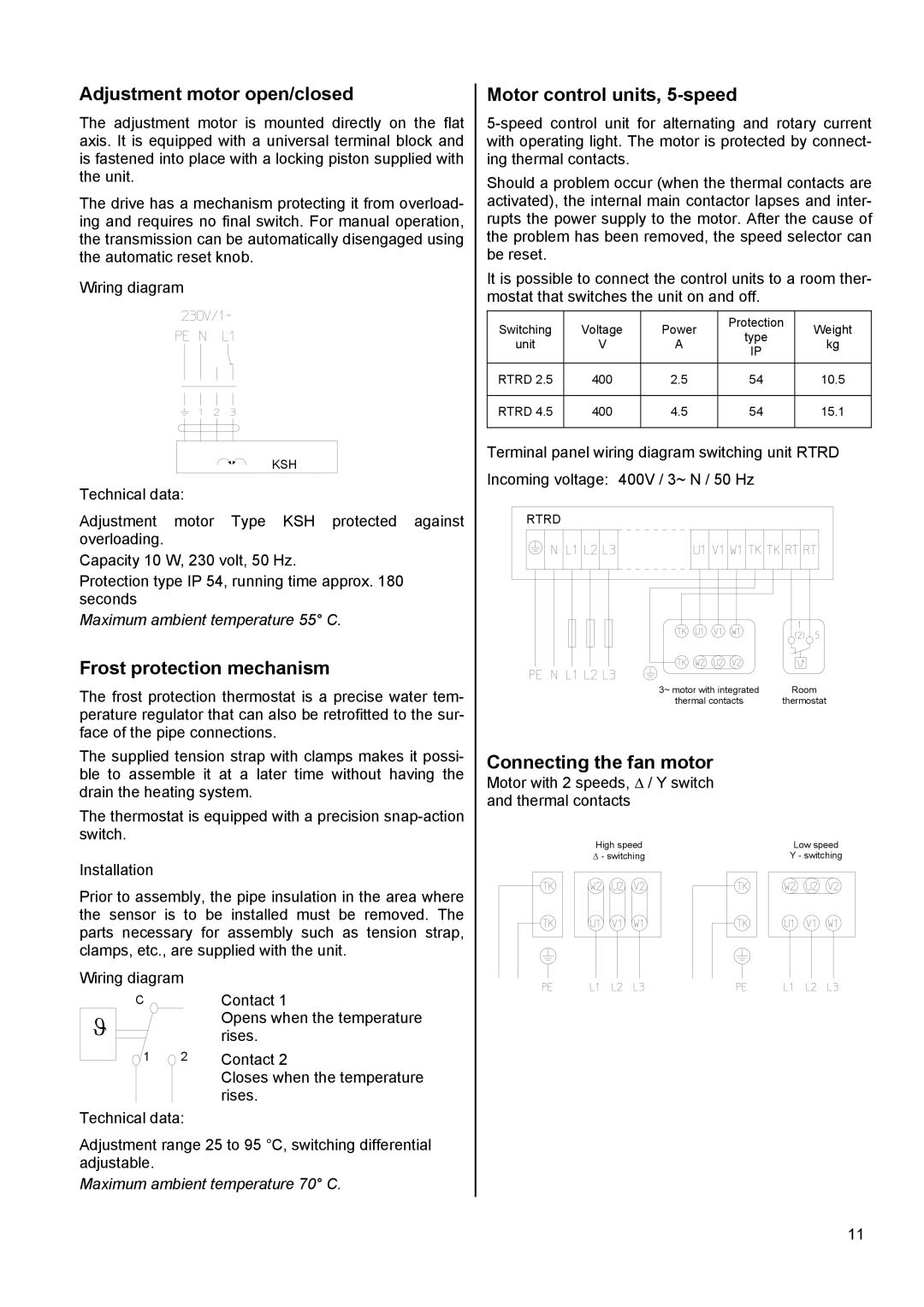 Panasonic PWW 4000 manual Adjustment motor open/closed Motor control units, 5-speed, Frost protection mechanism 