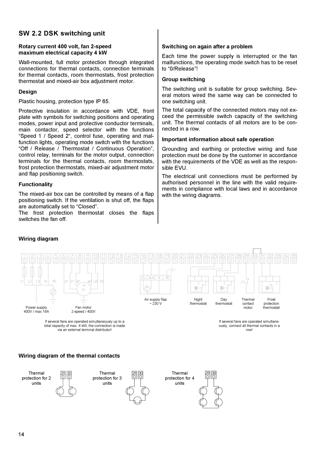 Panasonic PWW 4000 manual SW 2.2 DSK switching unit, Air supply flap Night Day Thermal Frost 