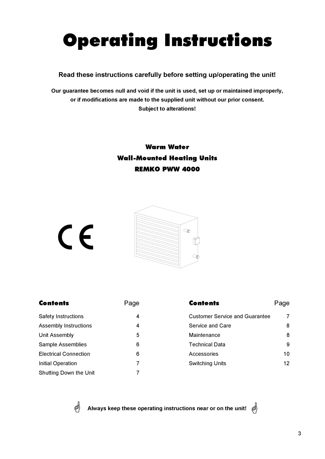 Panasonic PWW 4000 manual Warm Water Wall-Mounted Heating Units, Contents 