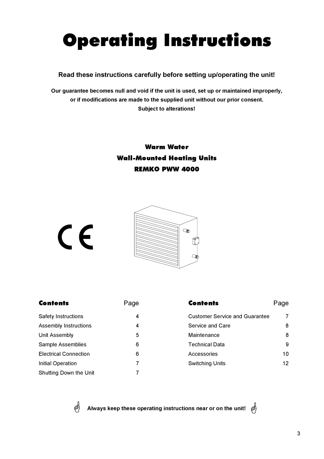 Panasonic PWW 4000 manual Warm Water Wall-MountedHeating Units REMKO PWW, Contents, Page, Subject to alterations 