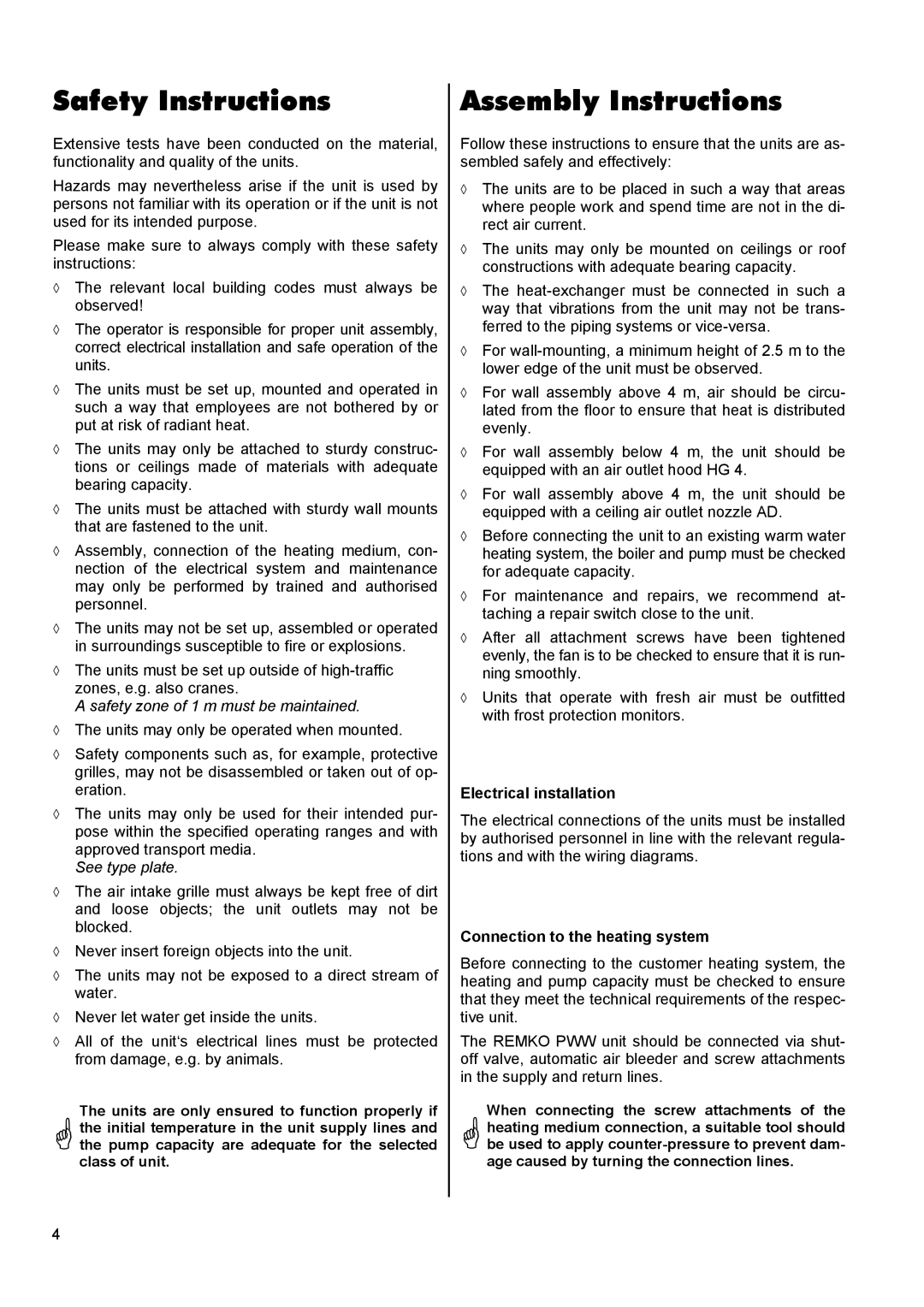 Panasonic PWW 4000 Safety Instructions, Assembly Instructions, Electrical installation, Connection to the heating system 