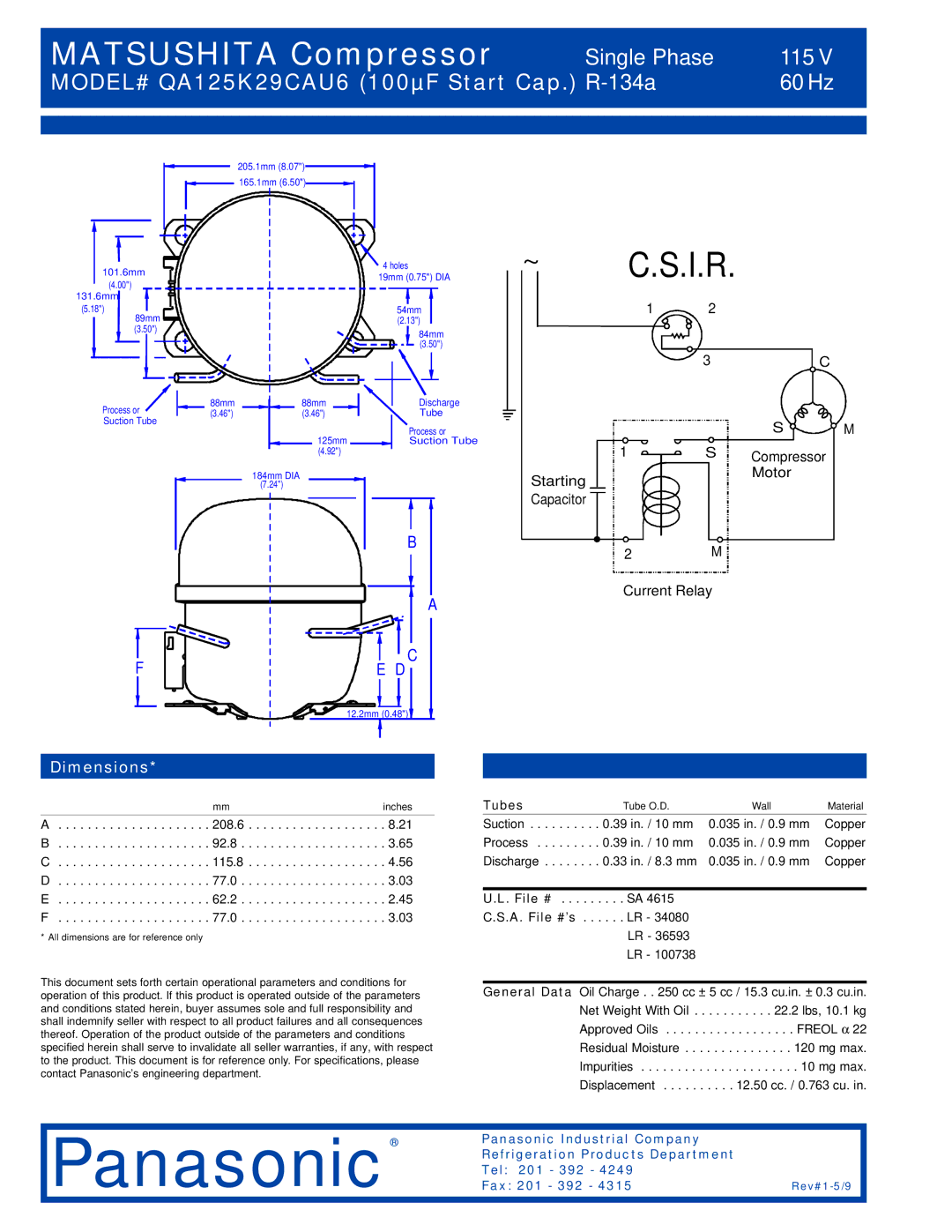 Panasonic QA125K29CAU6 specifications Dimensions, Tubes, File # 