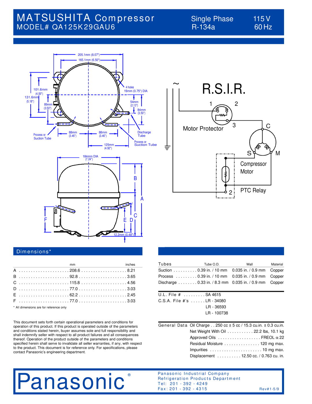 Panasonic QA125K29GAU6 specifications Dimensions, 208.6 .21 B .8 .65 C .8 .56 D .0 .03 E .2 .45 F .0, Tubes, File # 