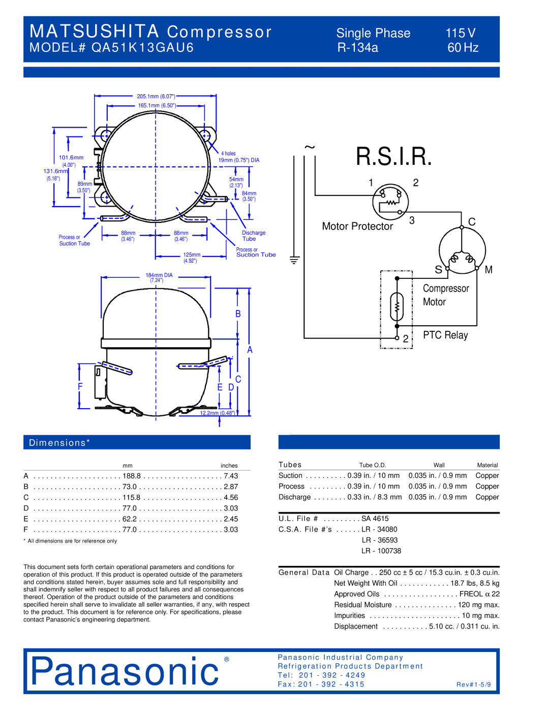 Panasonic QA51K13GAU6 specifications Dimensions, 188.8 .43 B .0 .87 C .8 .56 D .0 .03 E .2 .45 F .0, Tubes, File # 