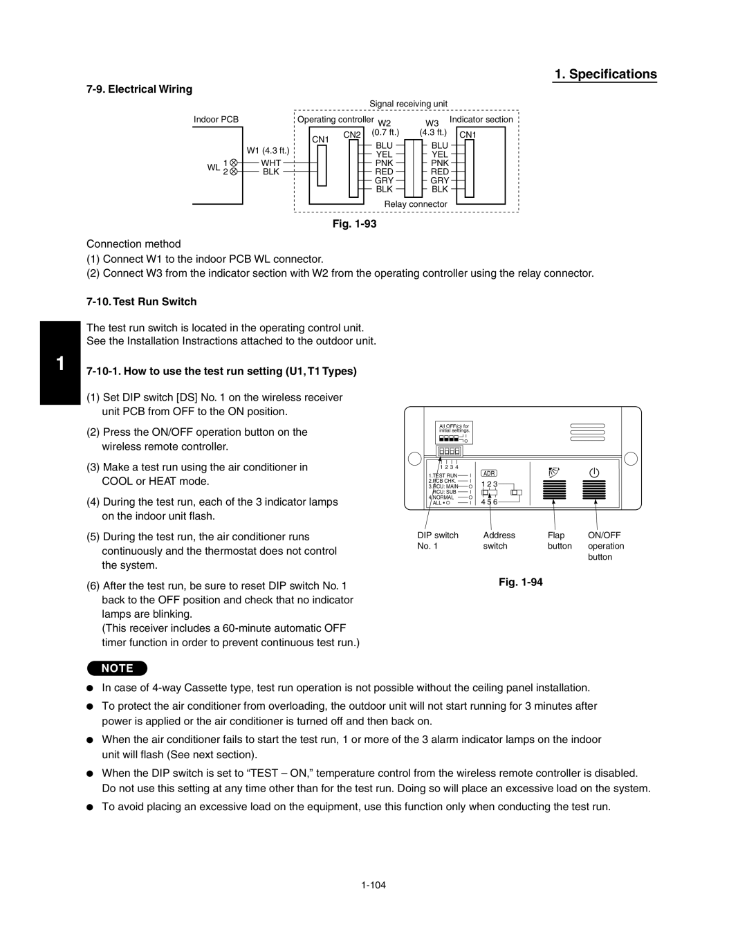 Panasonic R410A service manual Electrical Wiring, Test Run Switch, How to use the test run setting U1, T1 Types 