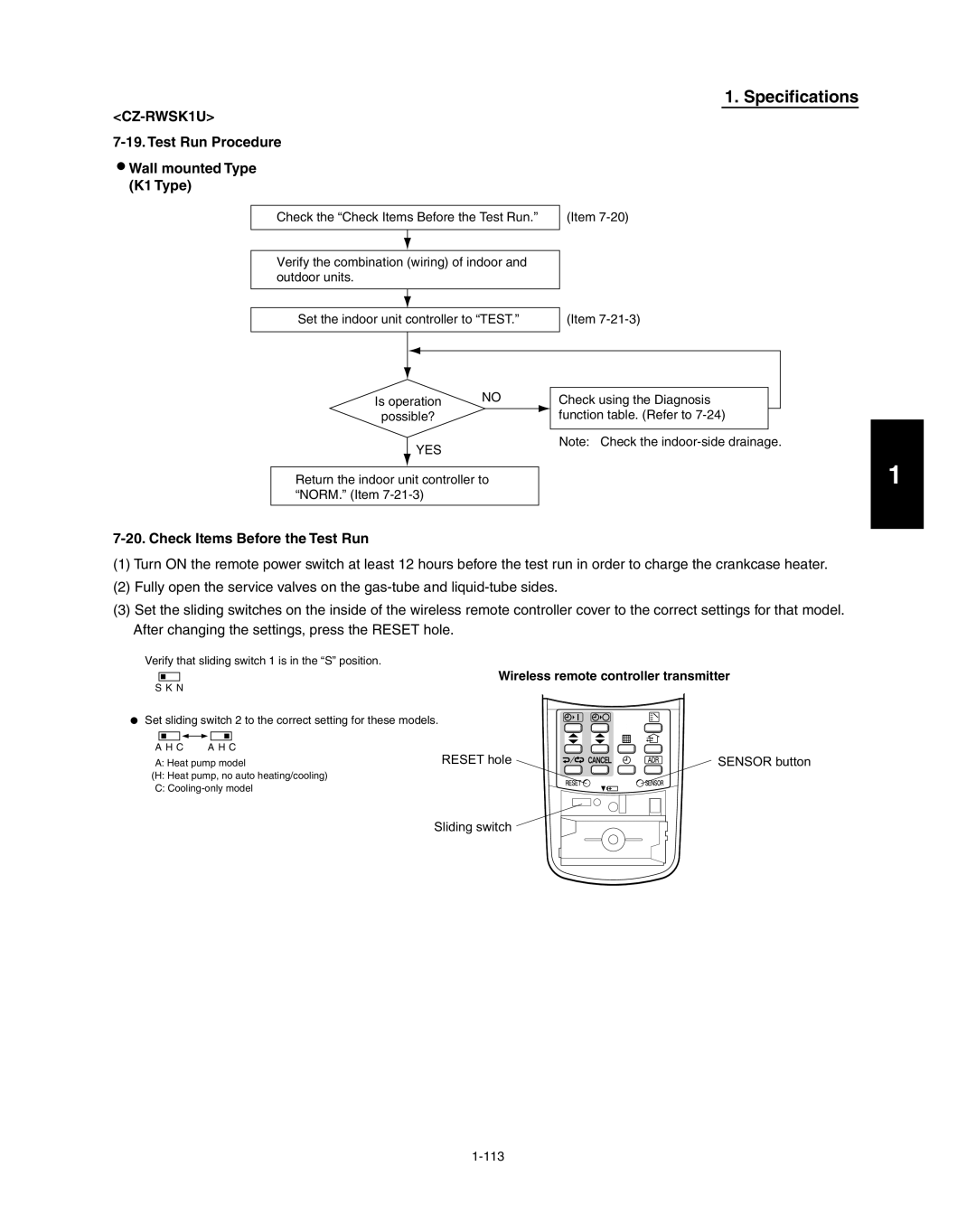 Panasonic R410A service manual Test Run Procedure Wall mounted Type K1 Type, Check Items Before the Test Run 