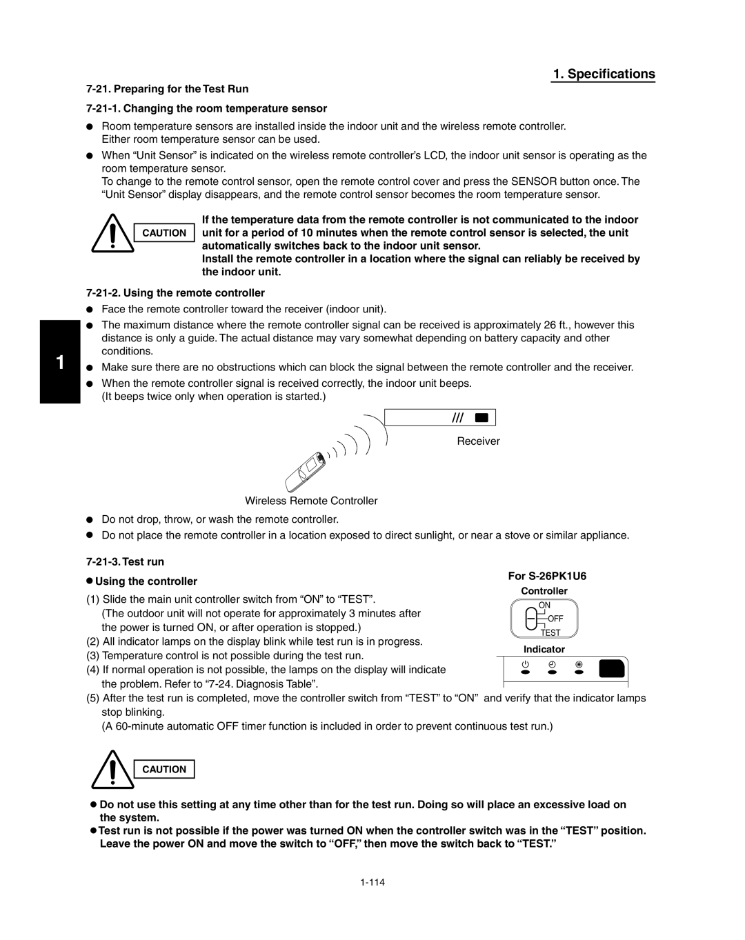 Panasonic R410A service manual Test run Using the controller For S-26PK1U6, Controller, Indicator 