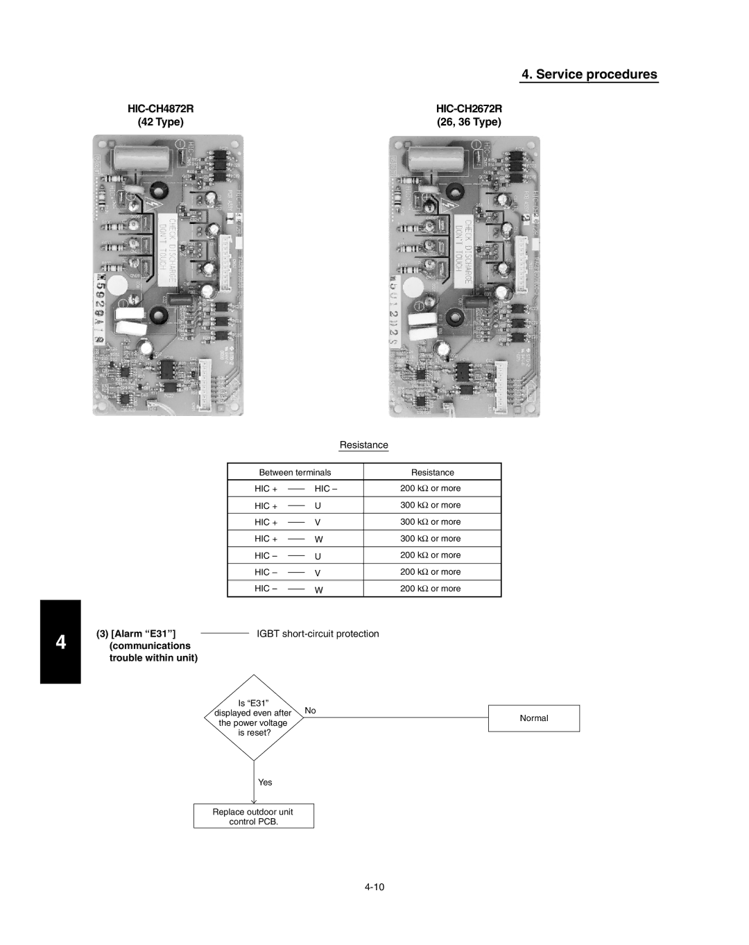 Panasonic R410A service manual HIC-CH4872R HIC-CH2672R, 26, 36 Type, Alarm E31, Communications Trouble within unit 