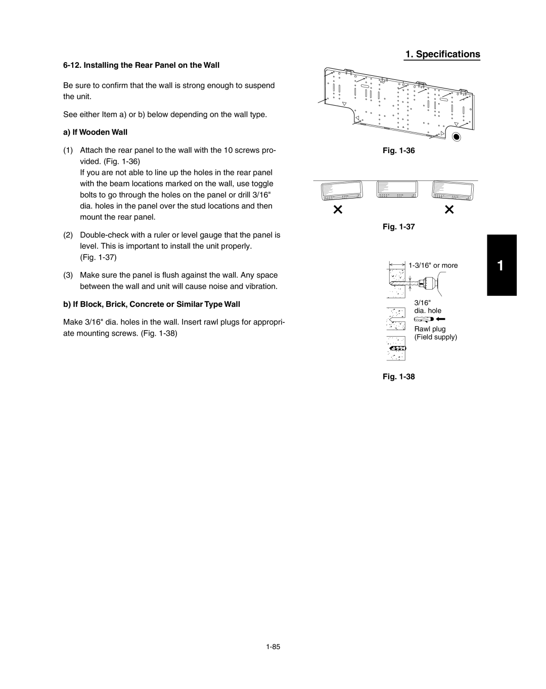 Panasonic R410A Installing the Rear Panel on the Wall, If Wooden Wall, If Block, Brick, Concrete or Similar Type Wall 