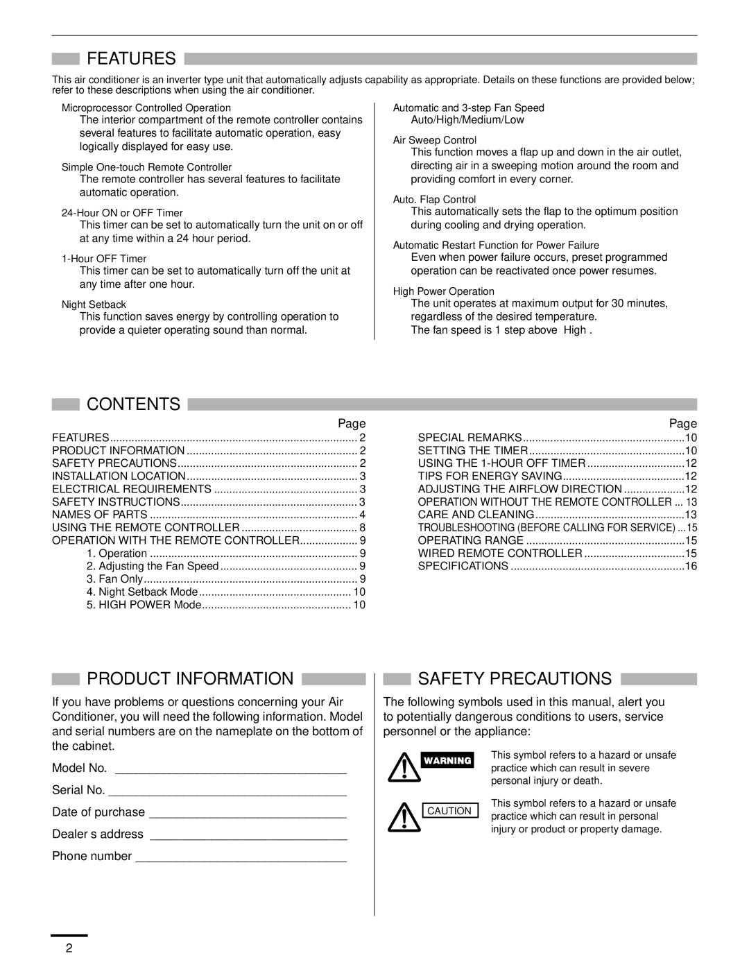 Panasonic R410A service manual Features, Contents, Product Information, Safety Precautions 