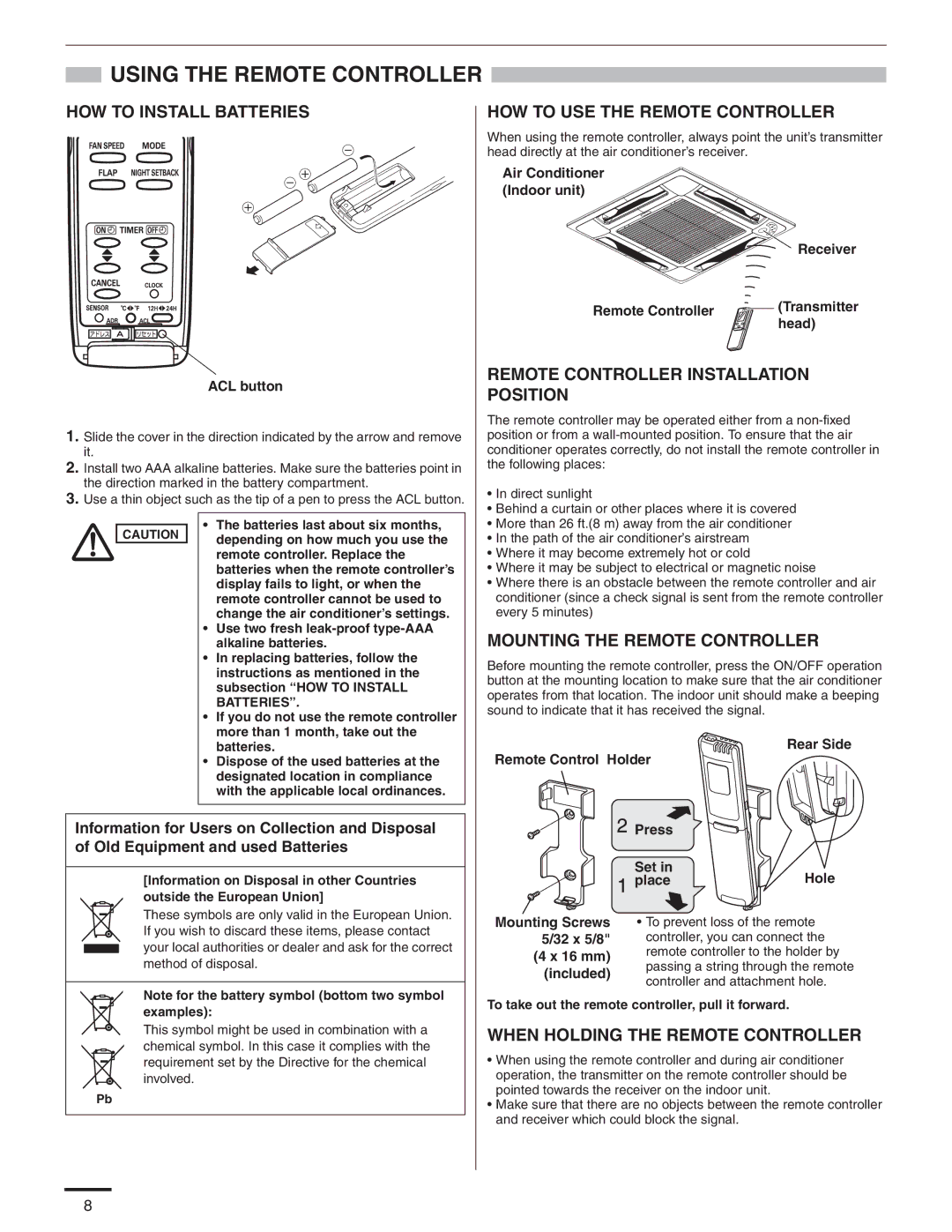 Panasonic R410A service manual Using the Remote Controller 