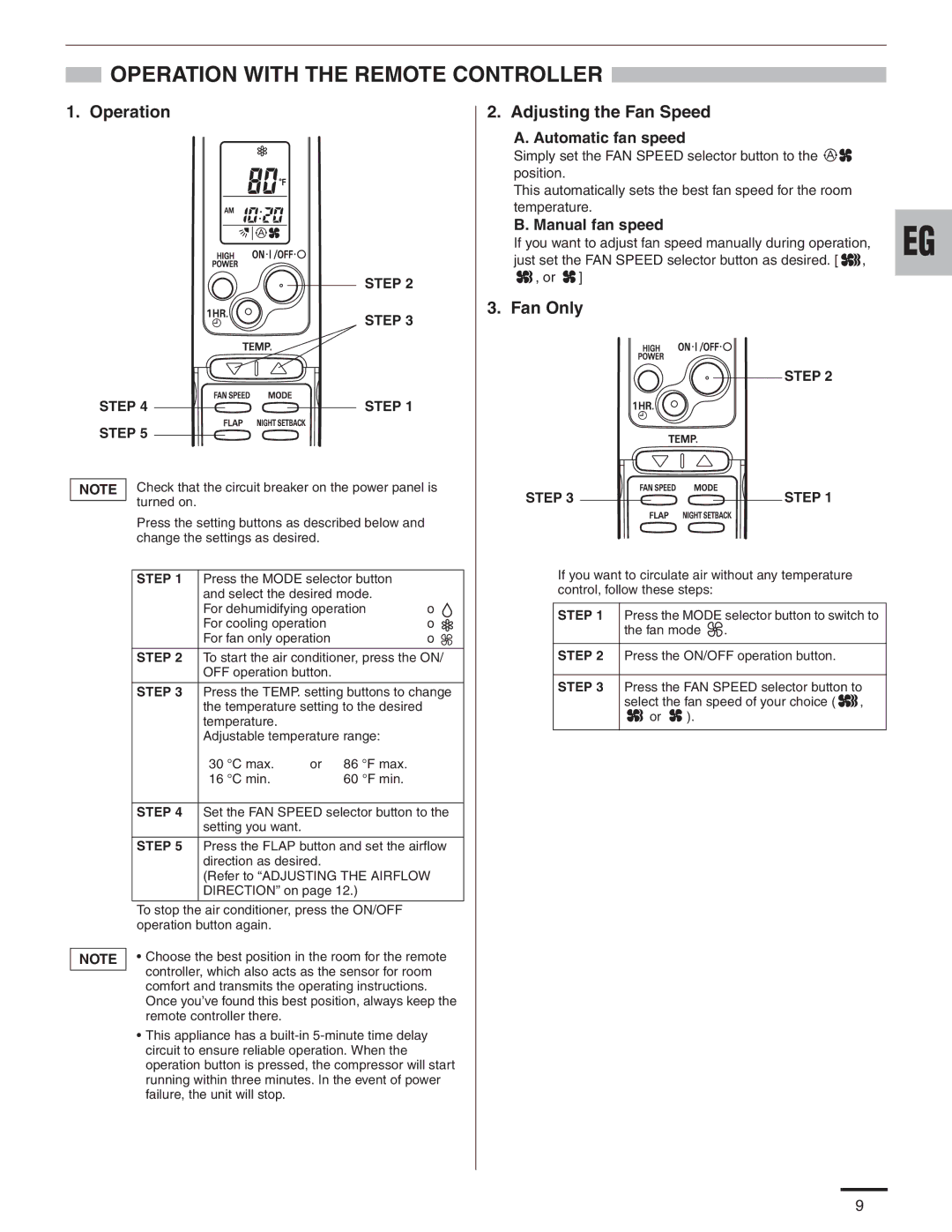 Panasonic R410A service manual Operation with the Remote Controller, Adjusting the Fan Speed, Fan Only 