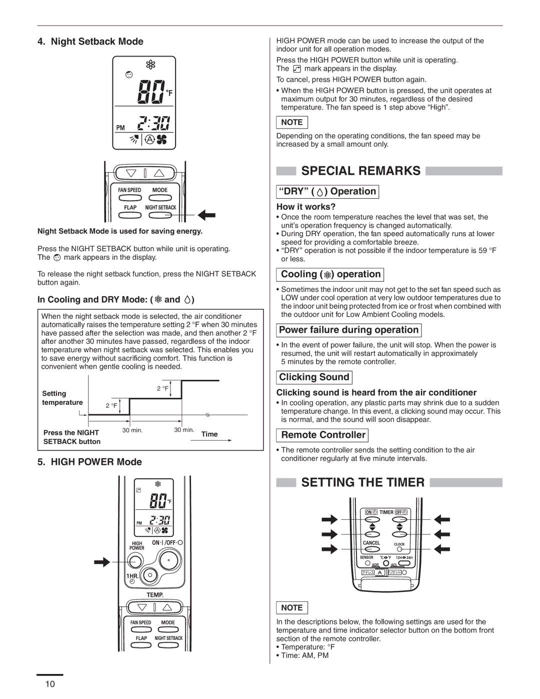 Panasonic R410A service manual Special Remarks, Setting the Timer 