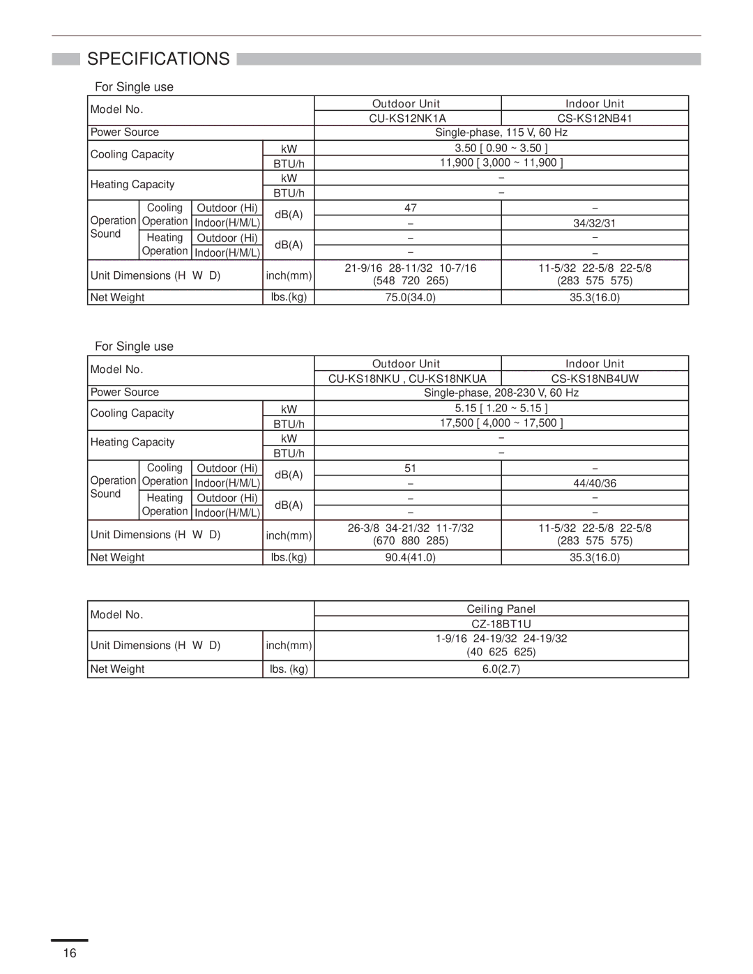 Panasonic R410A service manual For Single use, Model No Outdoor Unit Indoor Unit, Model No Ceiling Panel 