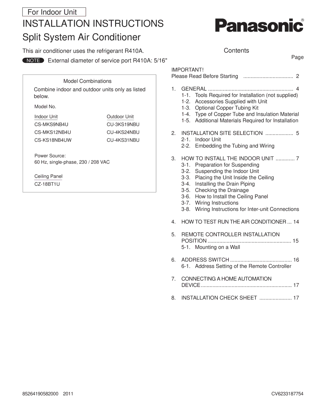 Panasonic R410A service manual For Indoor Unit, Contents 