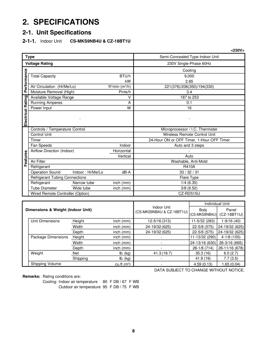 Panasonic R410A service manual Unit Specifications, Indoor Unit CS-MKS9NB4U & CZ-18BT1U 