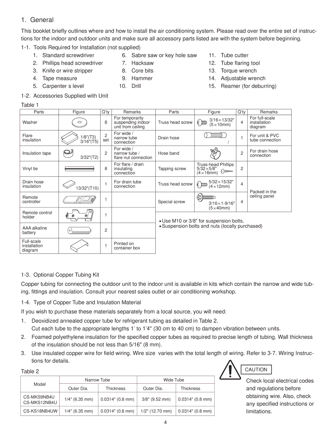 Panasonic R410A service manual General, Tools Required for Installation not supplied, Accessories Supplied with Unit Table 