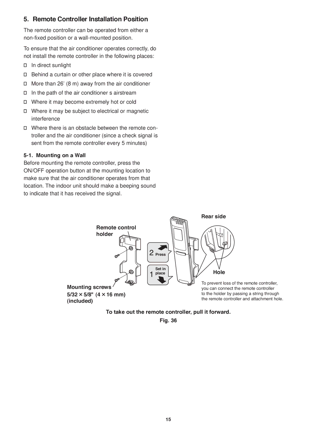 Panasonic R410A service manual Remote Controller Installation Position, Mounting on a Wall, Rear side Remote control holder 