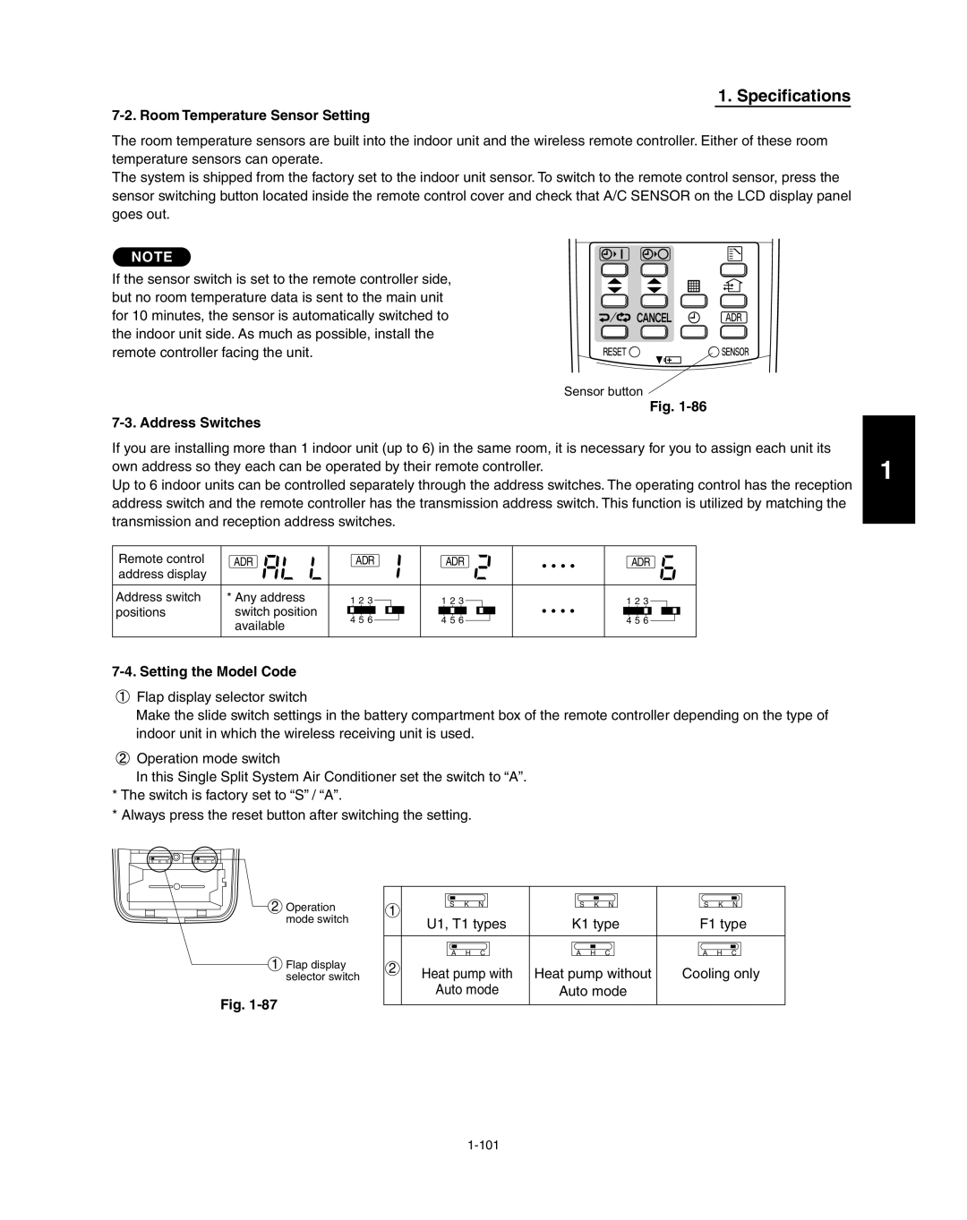 Panasonic R410A service manual Specifications, Room Temperature Sensor Setting, 3.Address Switches, Setting the Model Code 
