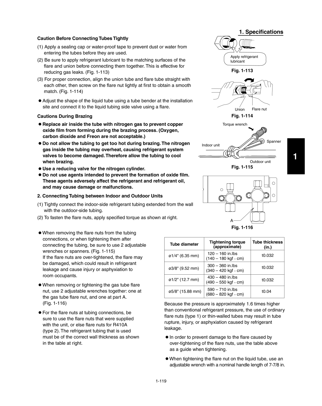 Panasonic R410A service manual Specifications, Caution Before Connecting Tubes Tightly, Cautions During Brazing, Fig 