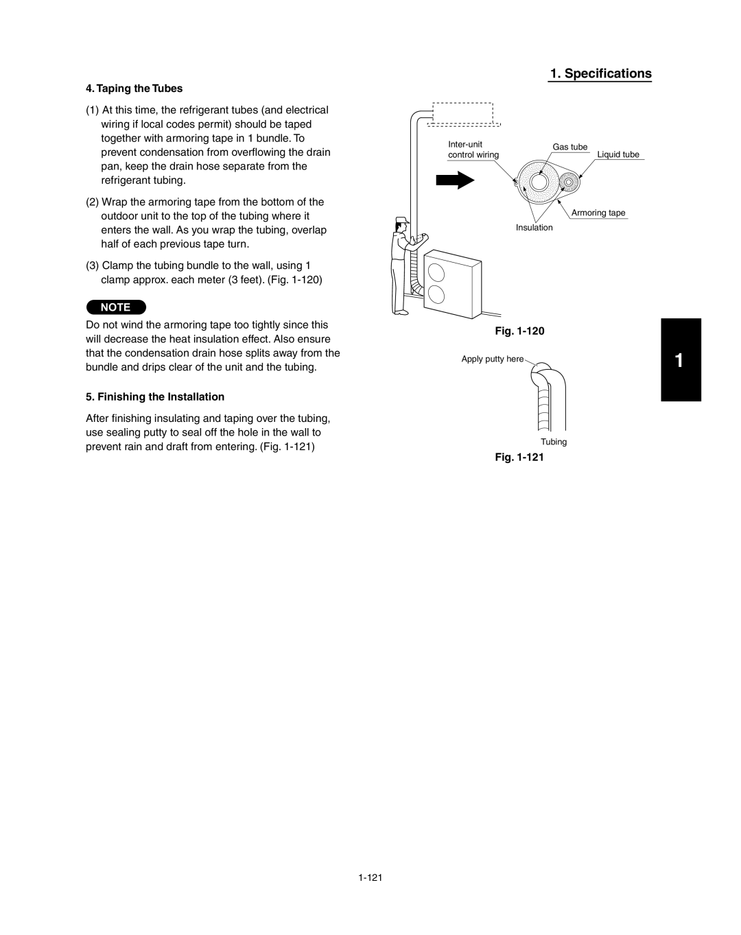 Panasonic R410A service manual Specifications, Taping the Tubes, Finishing the Installation, Fig 