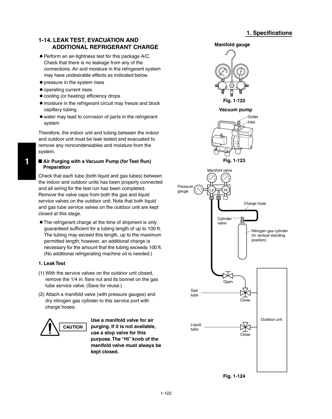 Panasonic R410A service manual Specifications, Manifold gauge Fig. Vacuum pump, Leak Test 