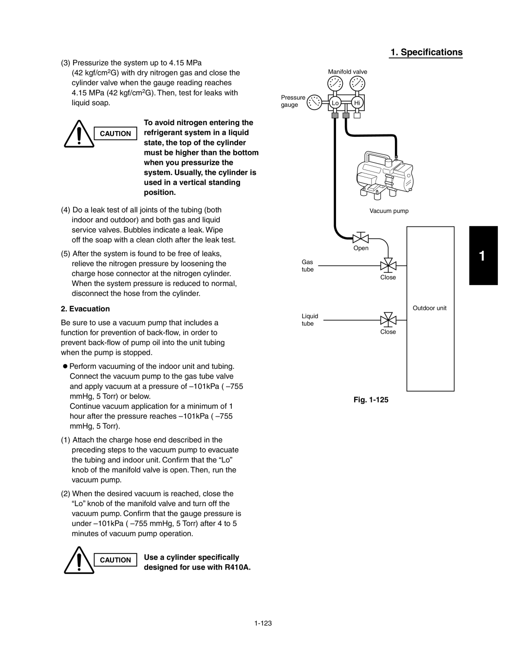 Panasonic service manual Specifications, Evacuation, Use a cylinder speciﬁcally, designed for use with R410A, Fig 