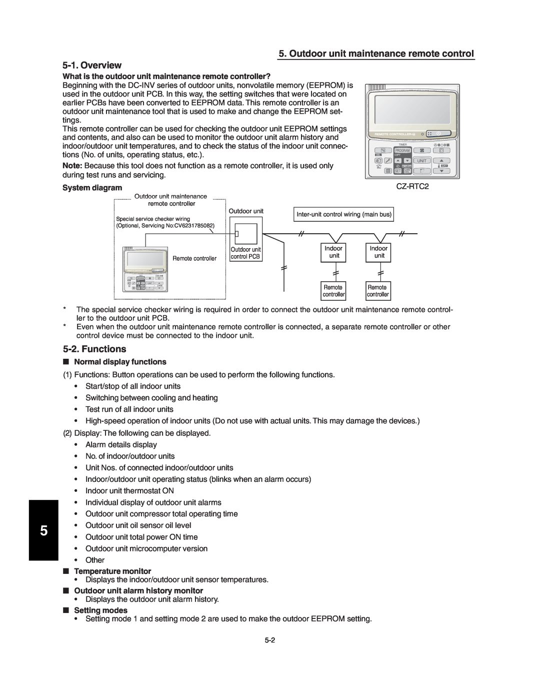 Panasonic R410A Outdoor unit maintenance remote control, Overview, Functions, System diagram, Normal display functions 