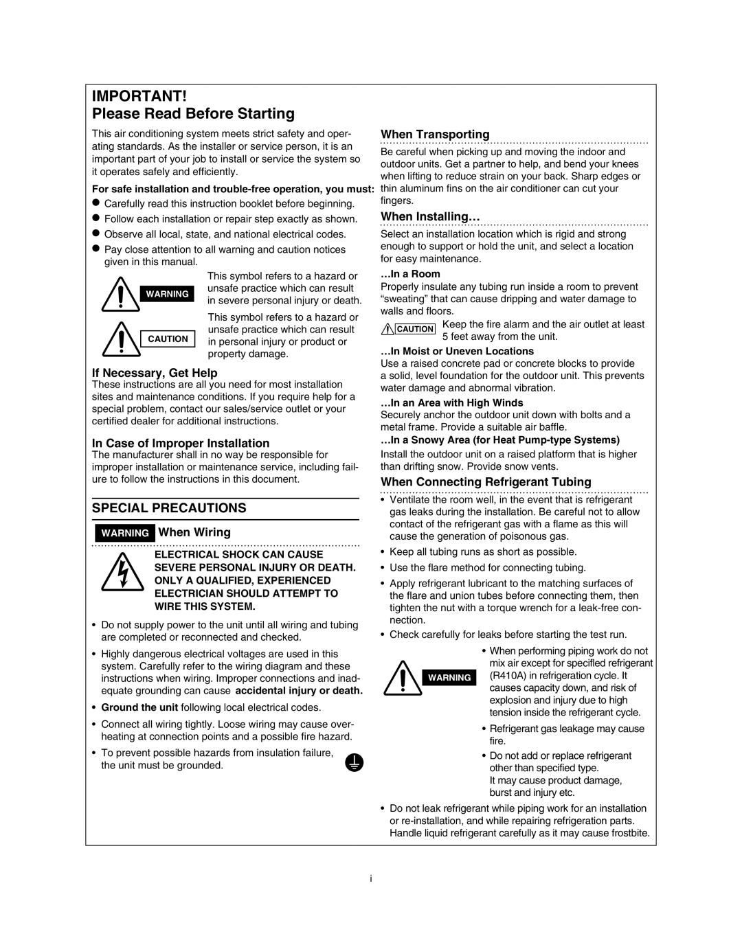 Panasonic R410A Please Read Before Starting, Special Precautions, When Transporting, When Installing…, WARNING When Wiring 