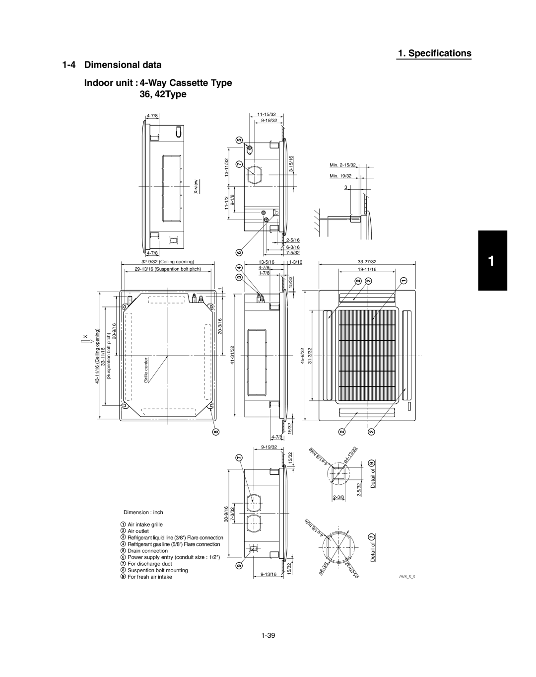 Panasonic R410A service manual 1-4Dimensional data, Indoor unit : 4-WayCassette Type 36, 42Type, Specifications 